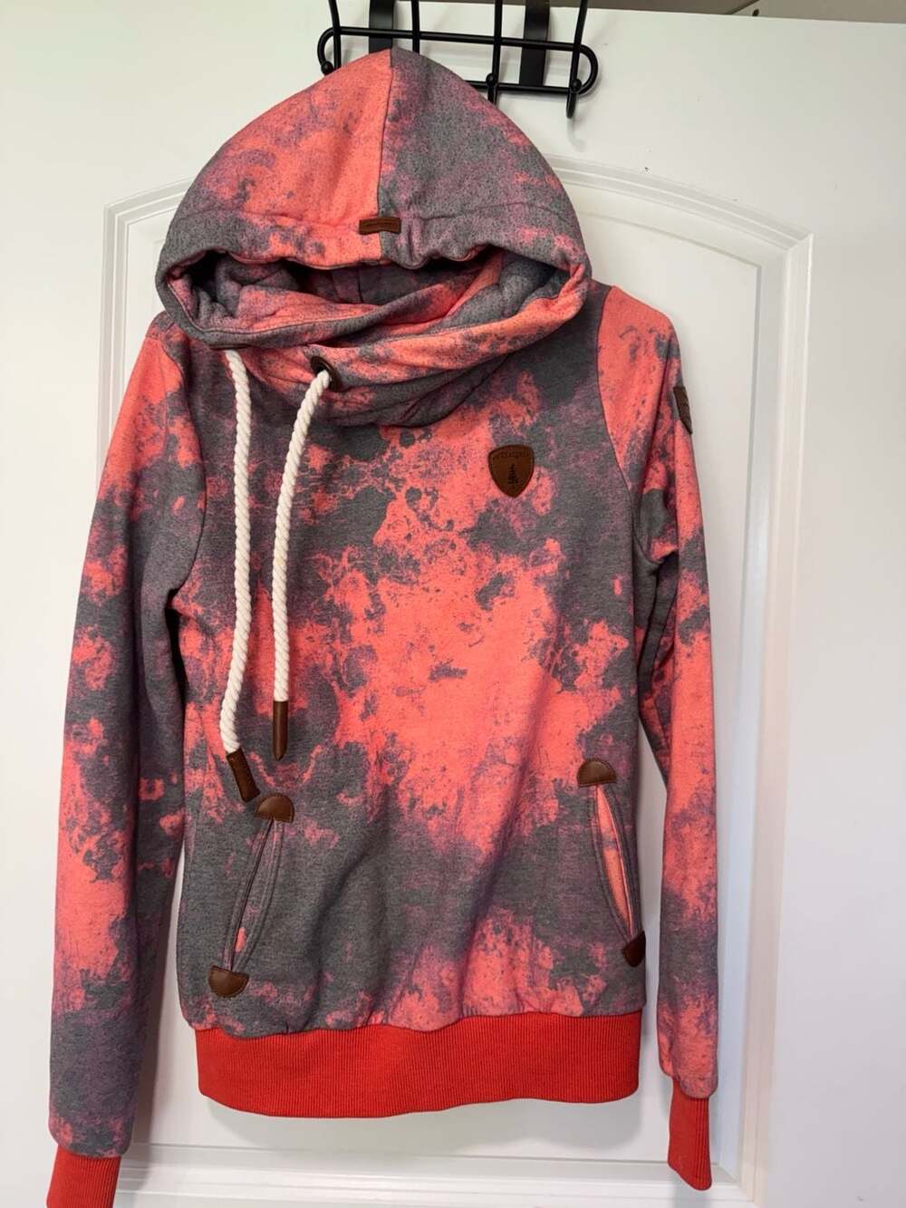 Cowl Neck Hoodie Coral Gray Abstract Print Rope Boho Athleisure Women’s S